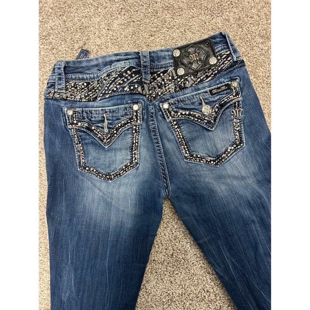 Miss Me Mid-Rise Boot Cut Women 27 Denim Blue Jeans Rhinestones Bling 5-Pocket